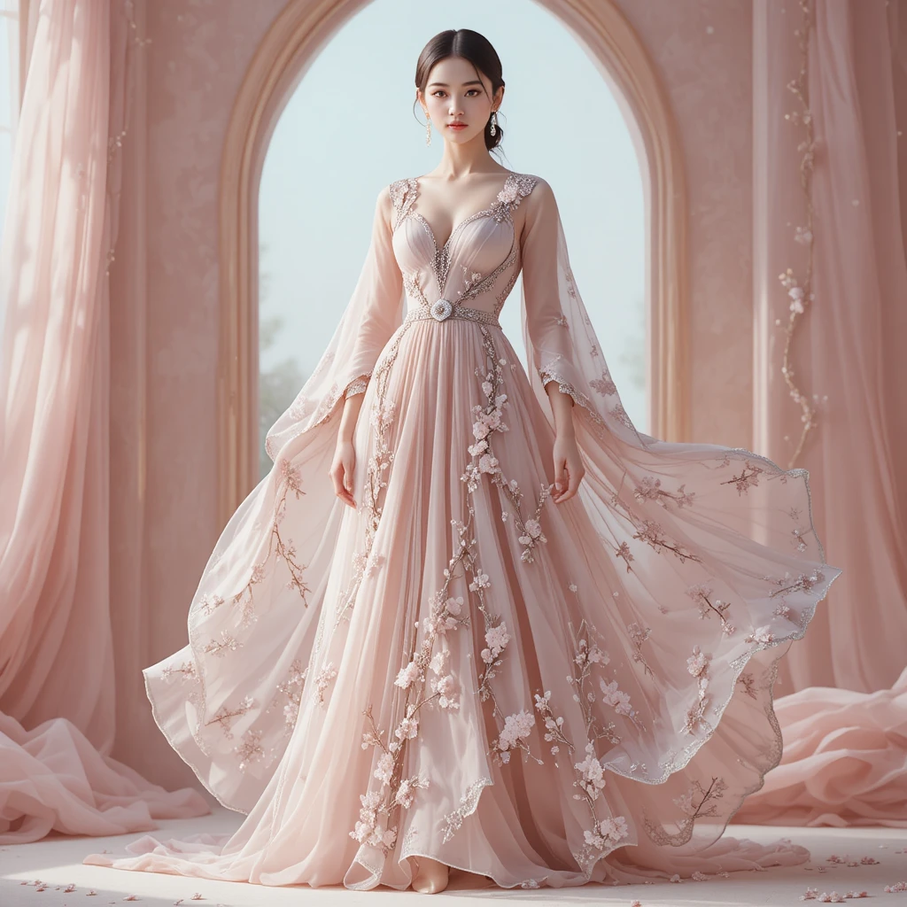 Elegant woman in pastel luxury dress with flowing skirt