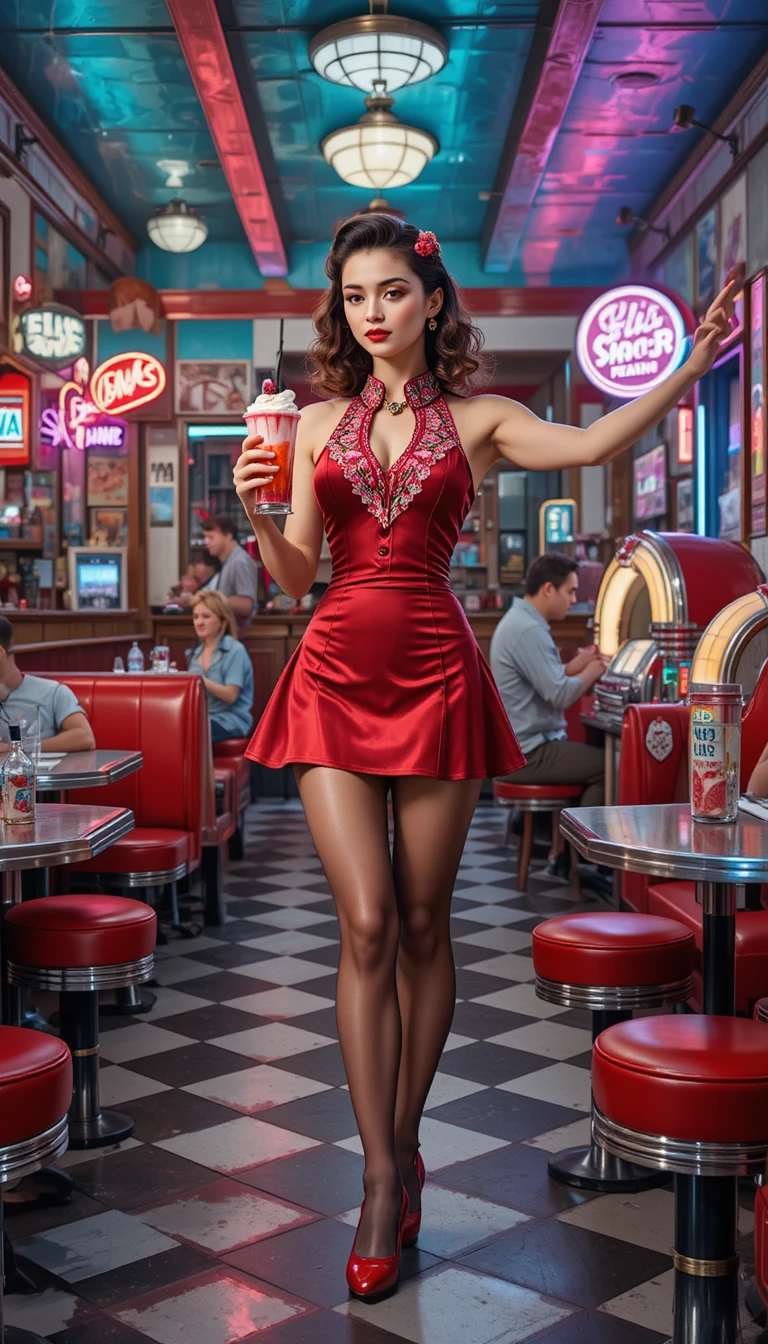 Retro waitress serving cherry milkshake in 1950s American diner