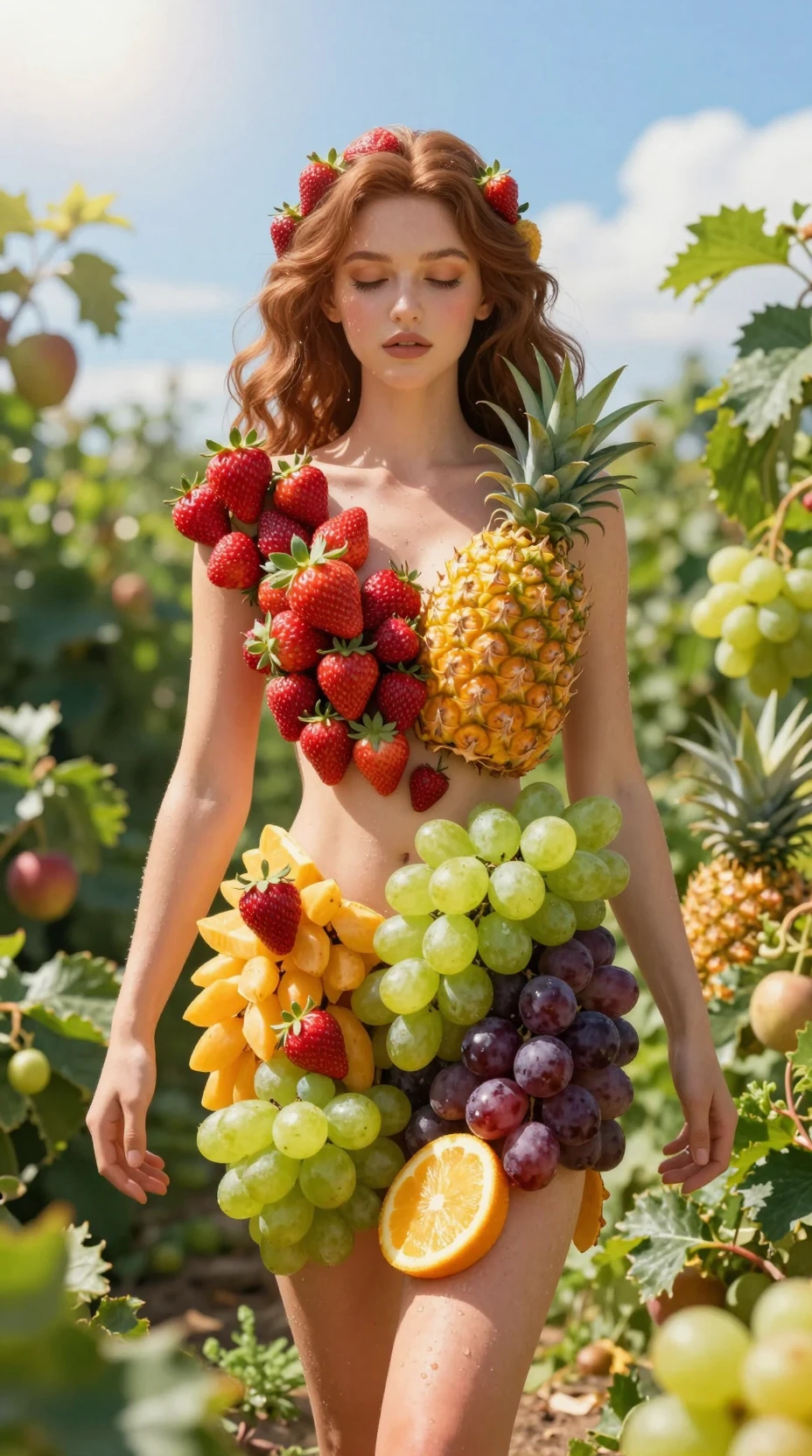 Surreal woman formed from colorful fruits in sunny nature