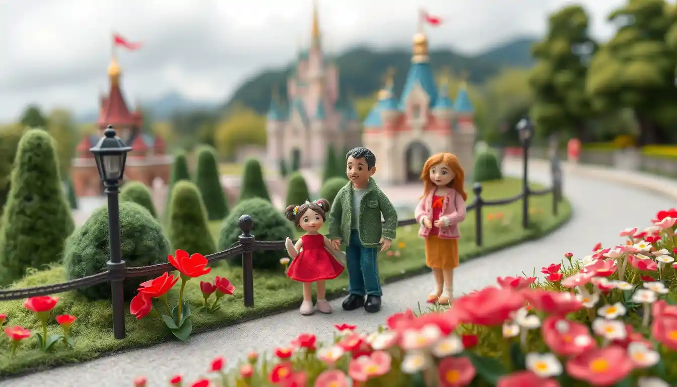 Felted wool family enjoying a whimsical fantasy theme park
