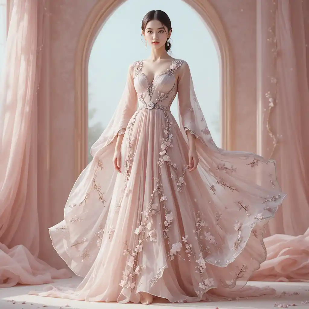 Elegant woman in pastel luxury dress with flowing skirt
