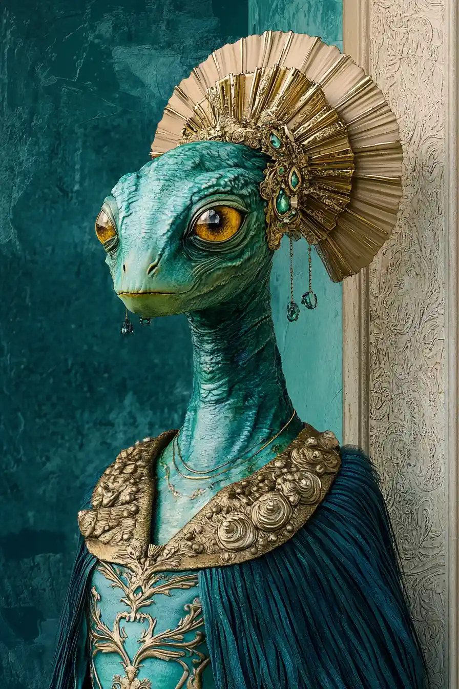 Regal green fantasy creature with ornate golden crown