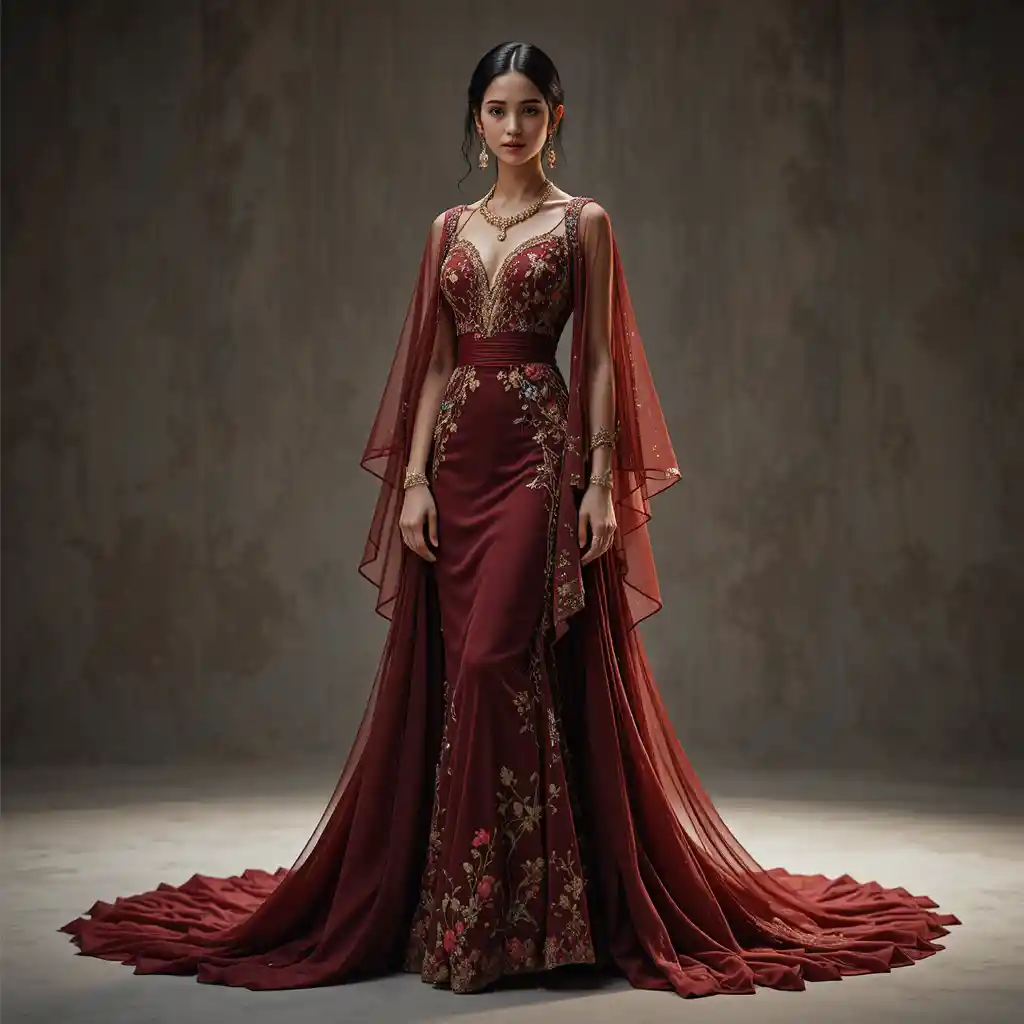 Elegant fashion model in royal maxi dress with cape sleeves