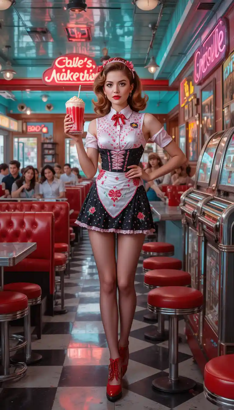 Retro waitress serving cherry milkshake in 1950s American diner