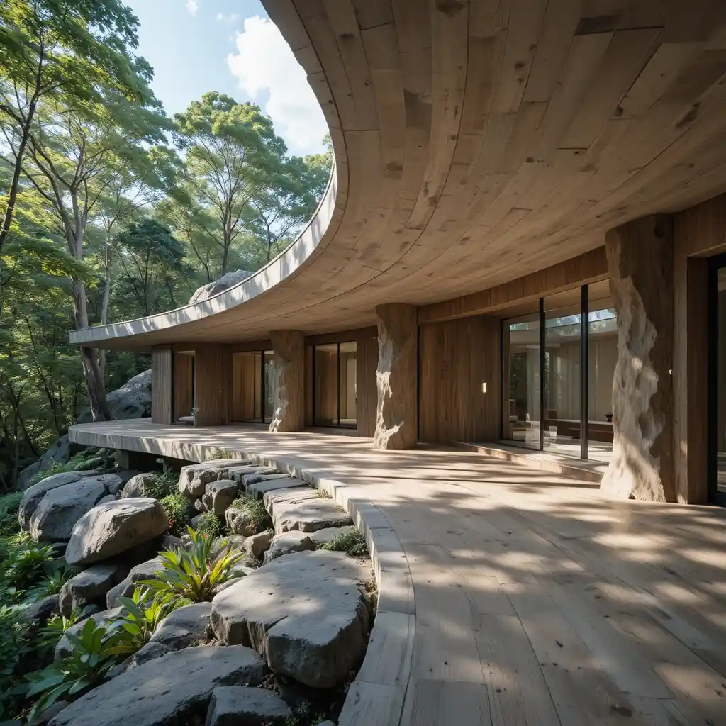 Modern retreat house with glass facade and granite boulder