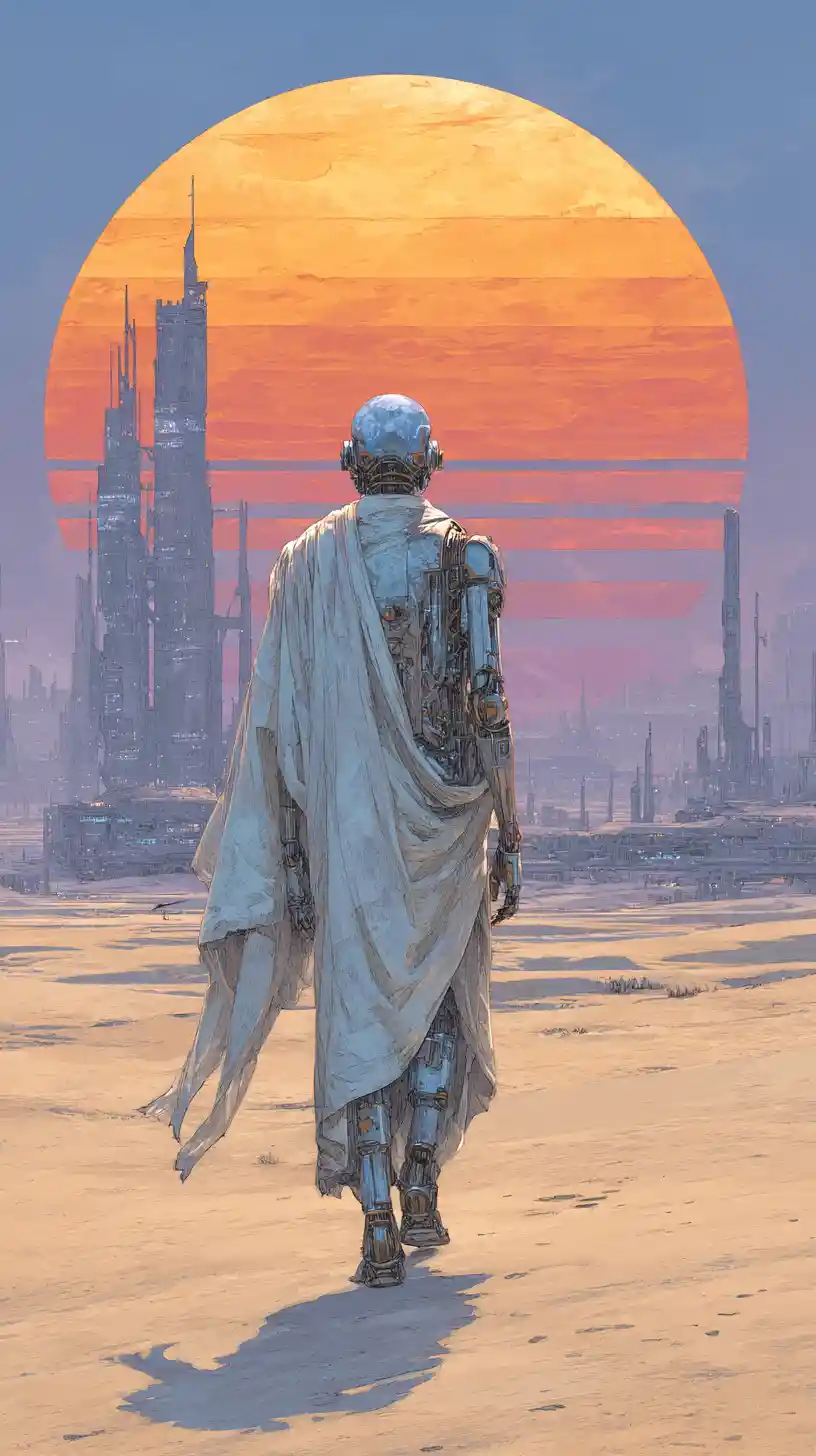 Android traveler crossing a vast golden desert under surreal suns