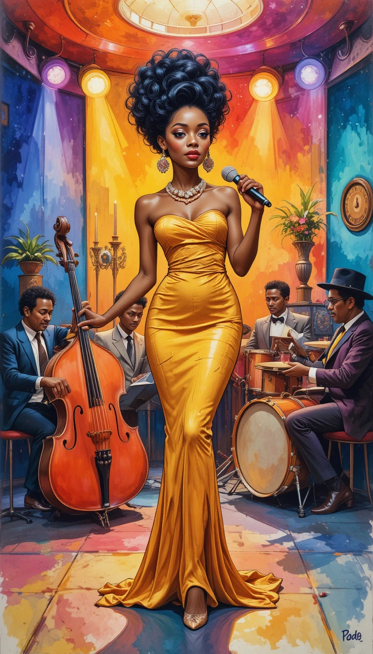 Colorful jazz singer performing in a lively party room