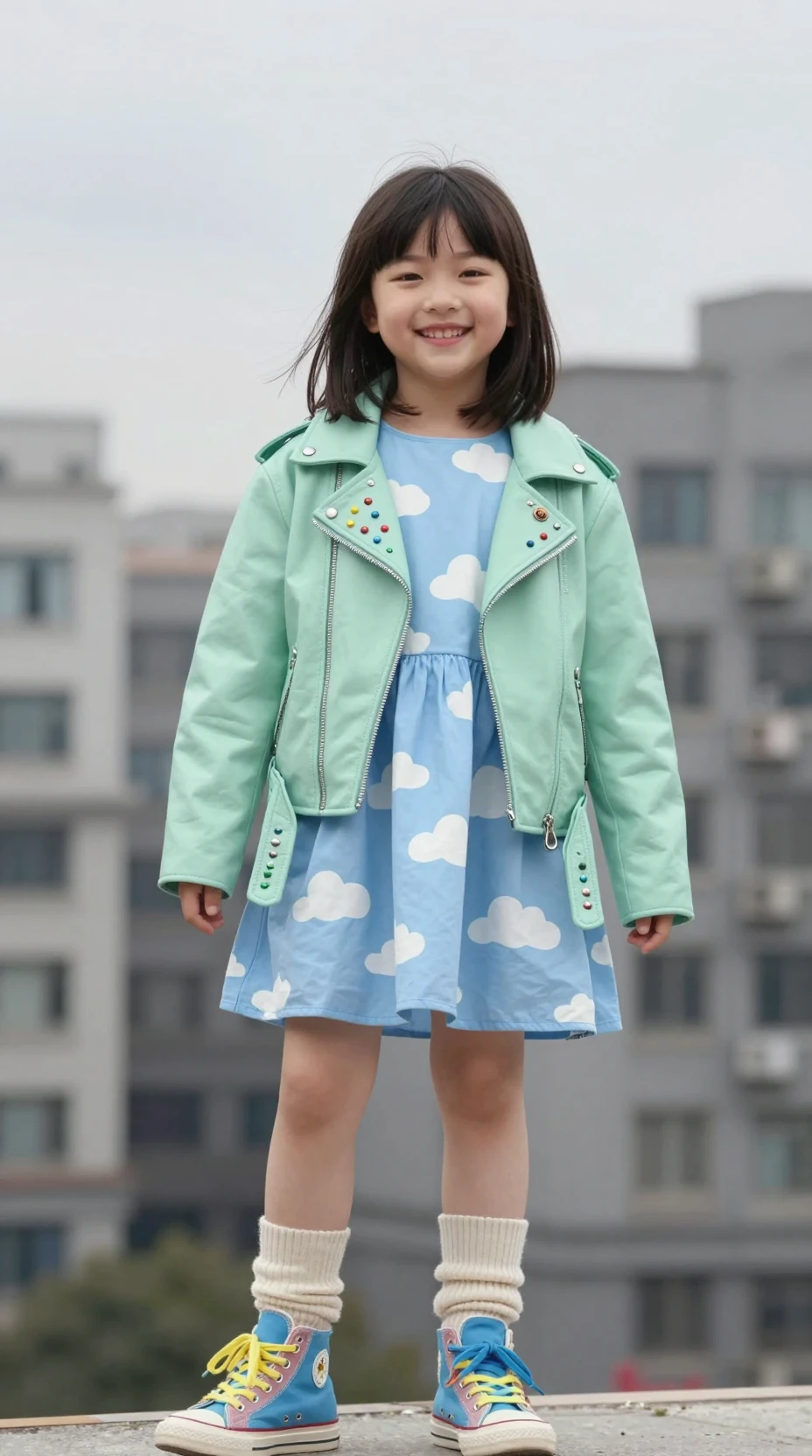 Smiling girl in mint biker jacket in a gray city