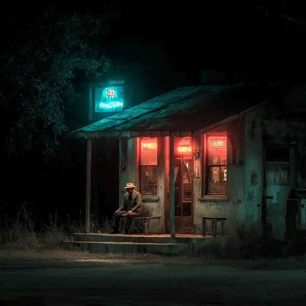 Creepy ghostly gas station with rusty old car at night
