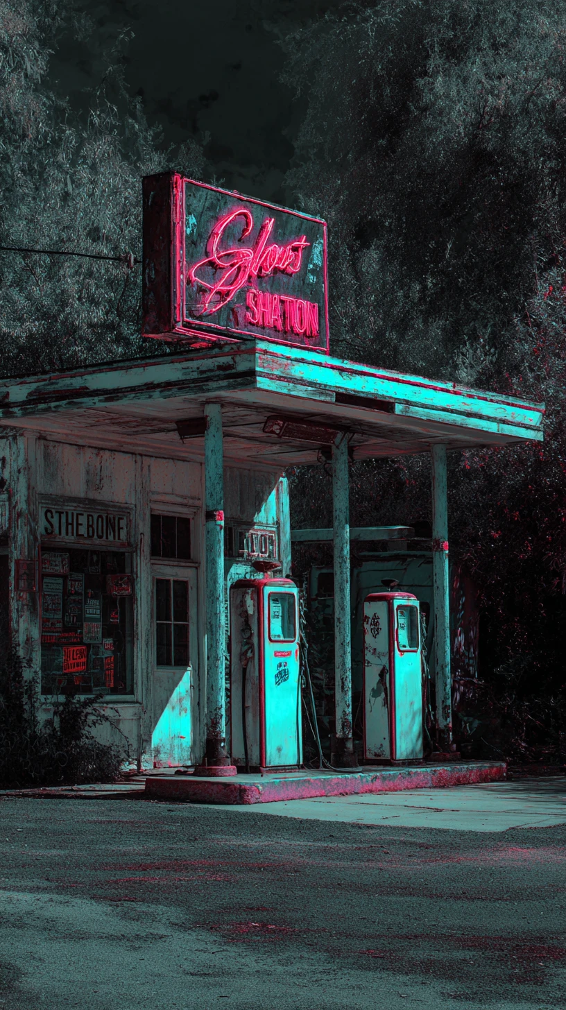 Creepy close up at a neon lit ghostly gas station