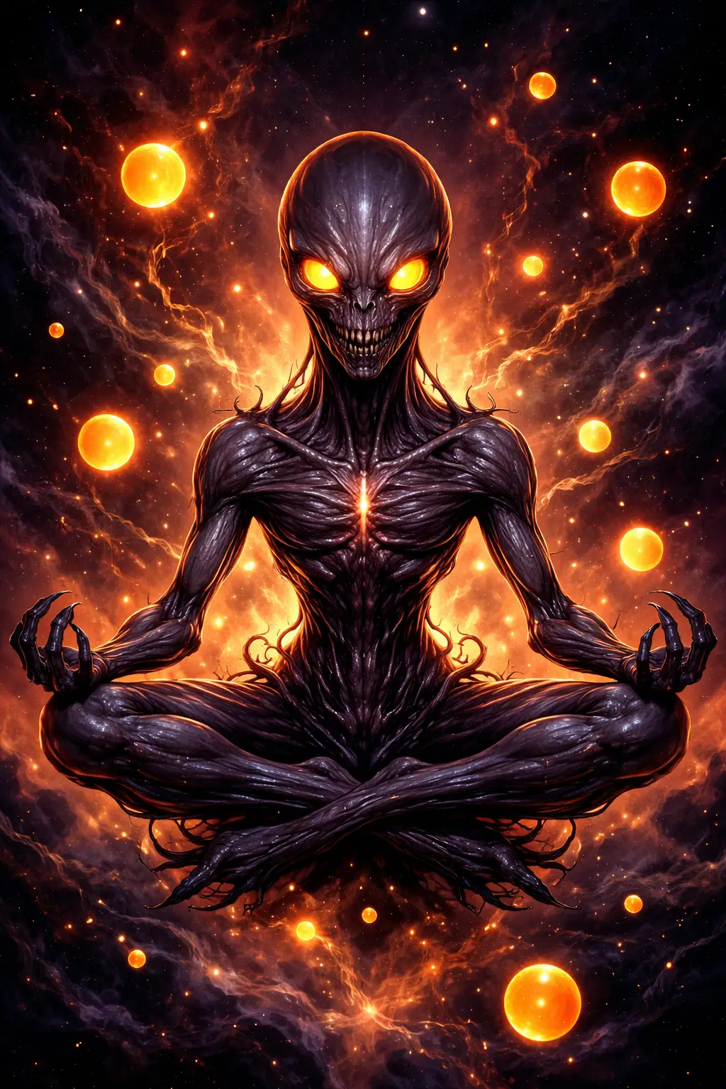 Alien creature meditating amid glowing orbs in cosmic nebula