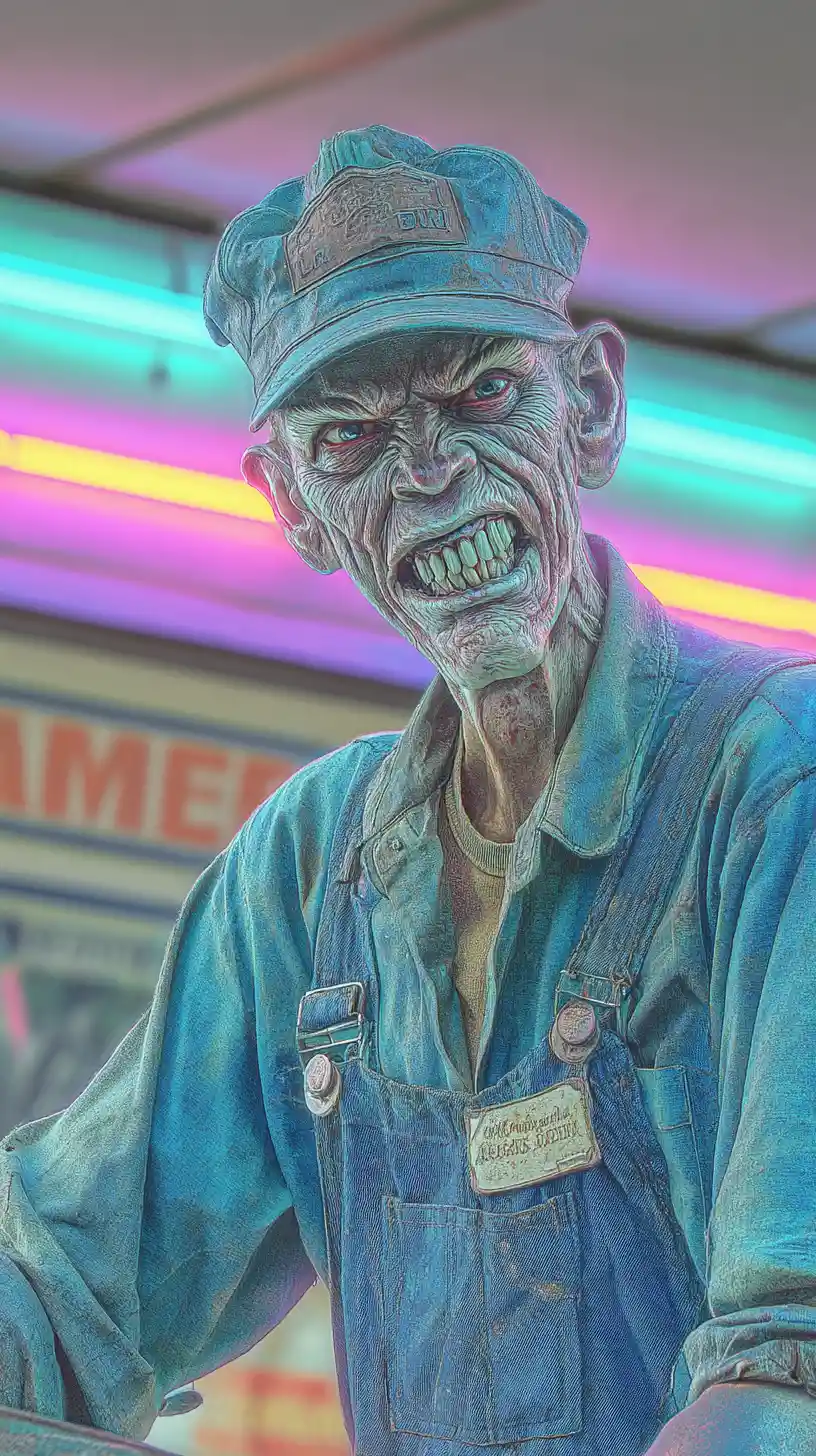 Close up gas station attendant at eerie neon ghost shelter