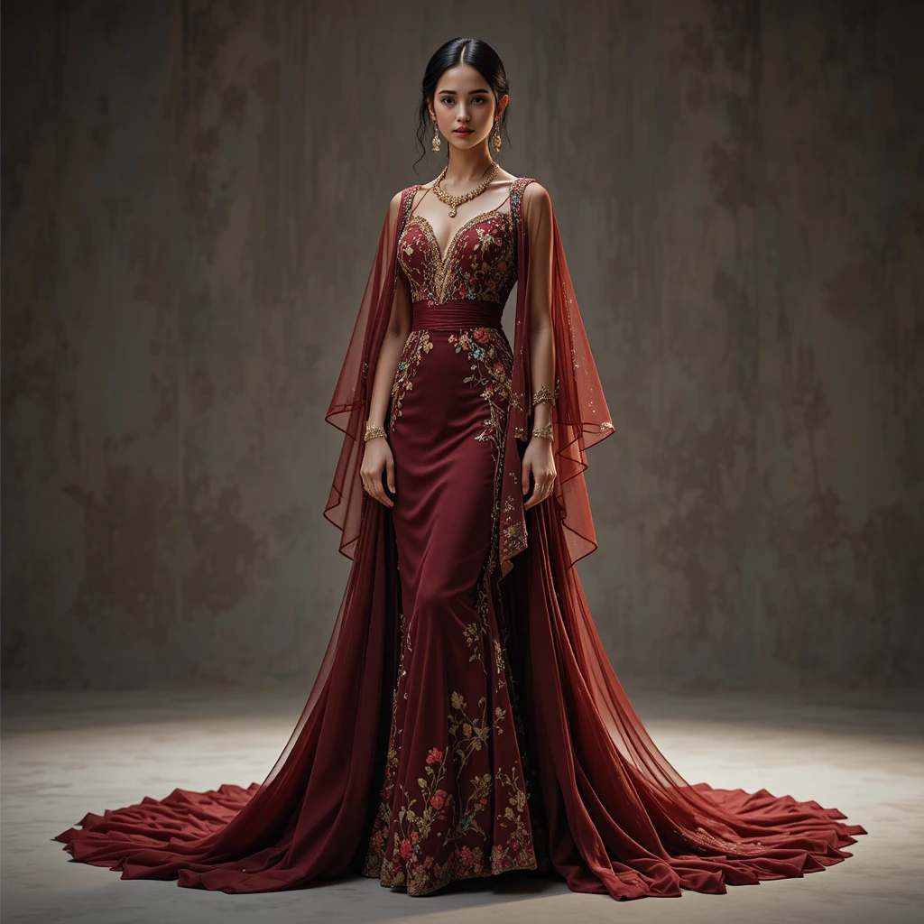 Elegantes Model in königlichem Maxikleid mit Cape-Ärmeln