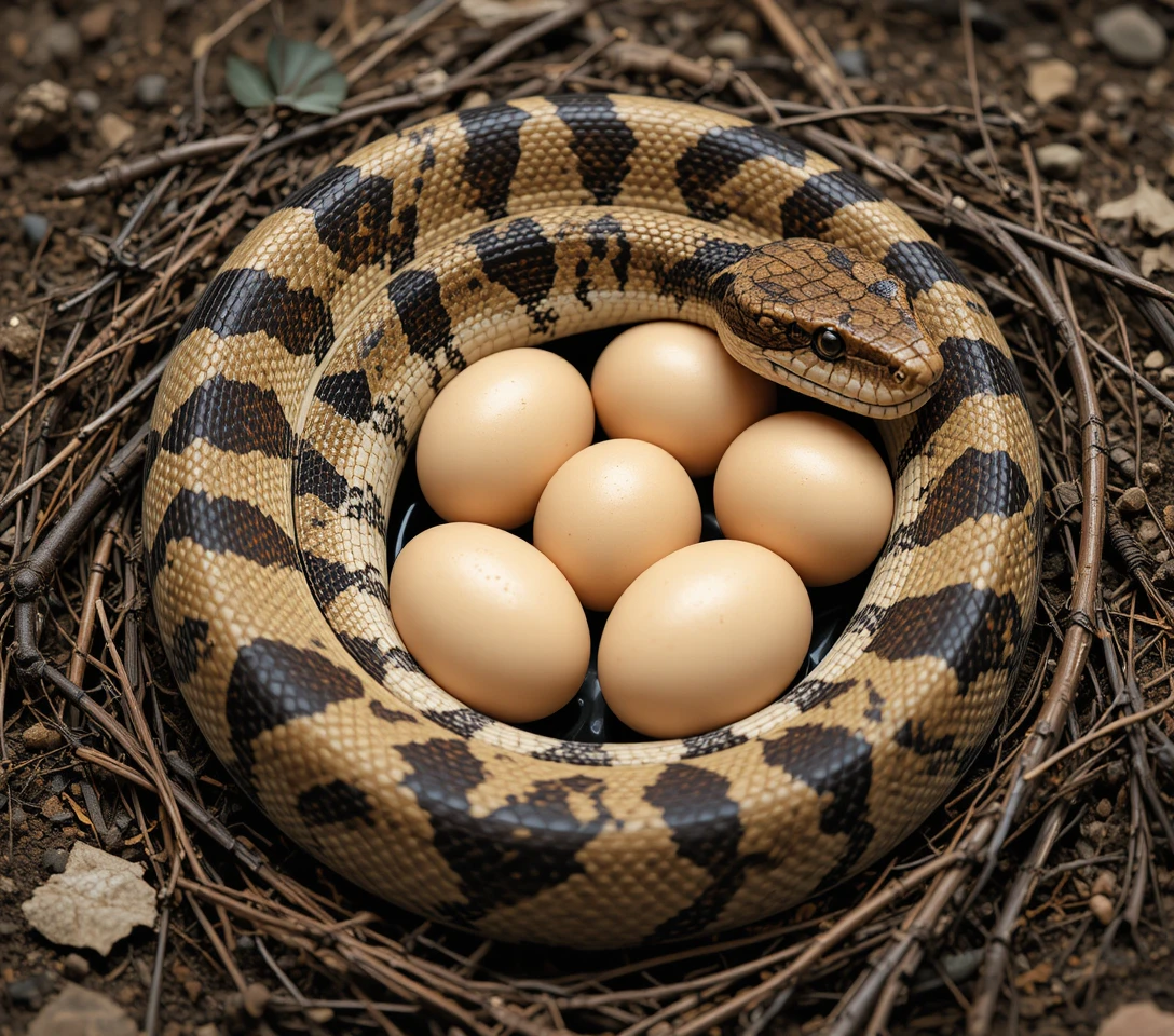 Serpente arrotolato che protegge una covata di uova su terreno asciutto