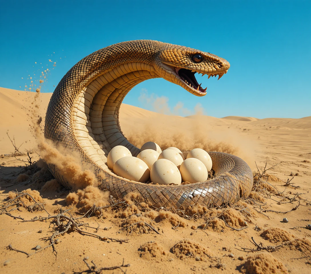 Snake Coiled Around Eggs In A Dry Desert Nest