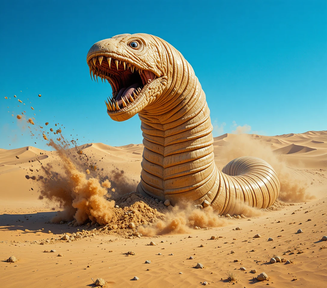 Giant sandworm rising from desert dunes under harsh sunlight