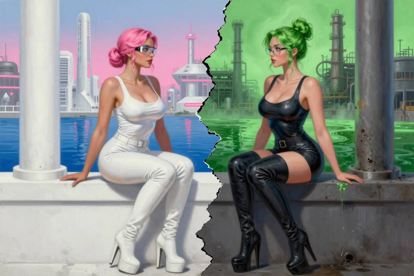 Two futuristic women divided by contrasting neon worlds