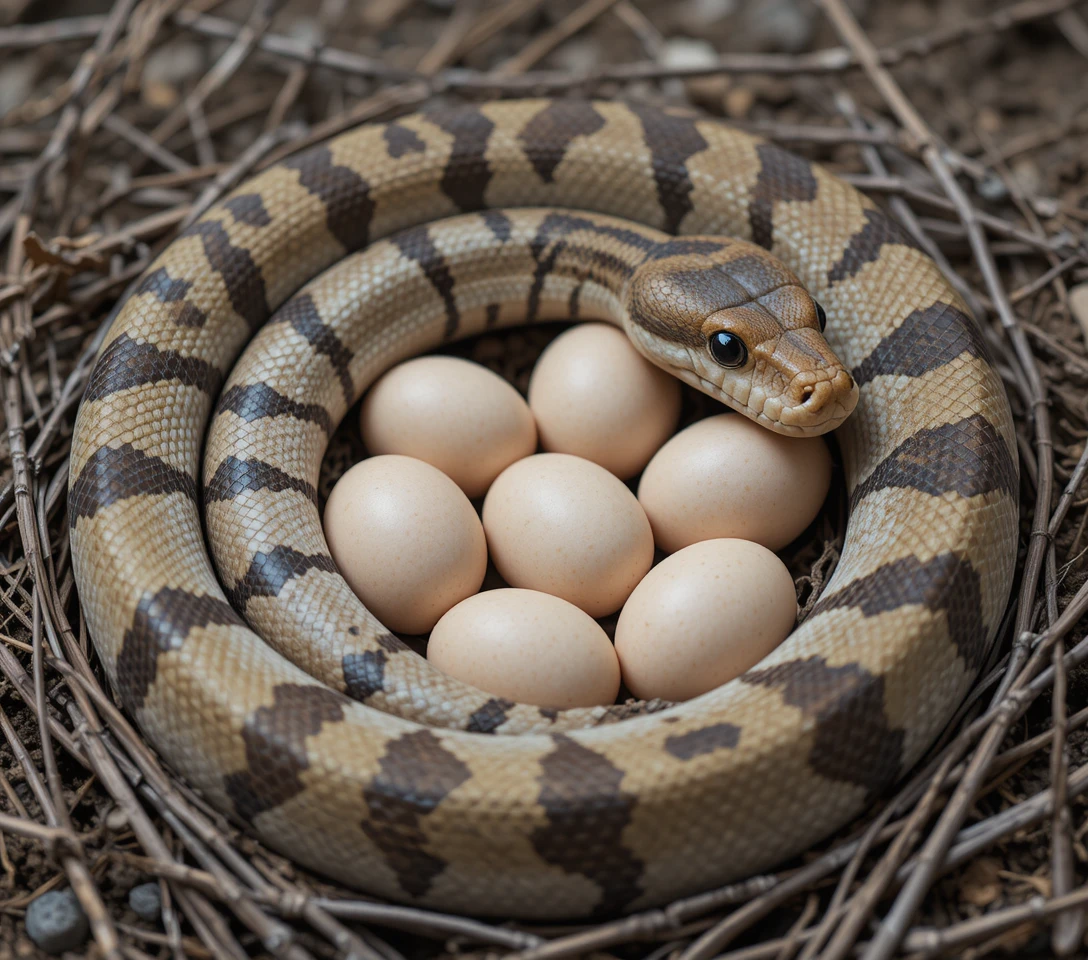 Snake coiled around a clutch of eggs on dry earth