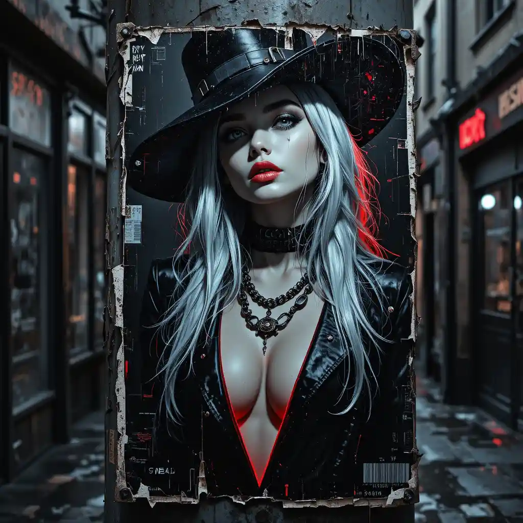 Noir cyberpunk fashion portrait on a torn street poster