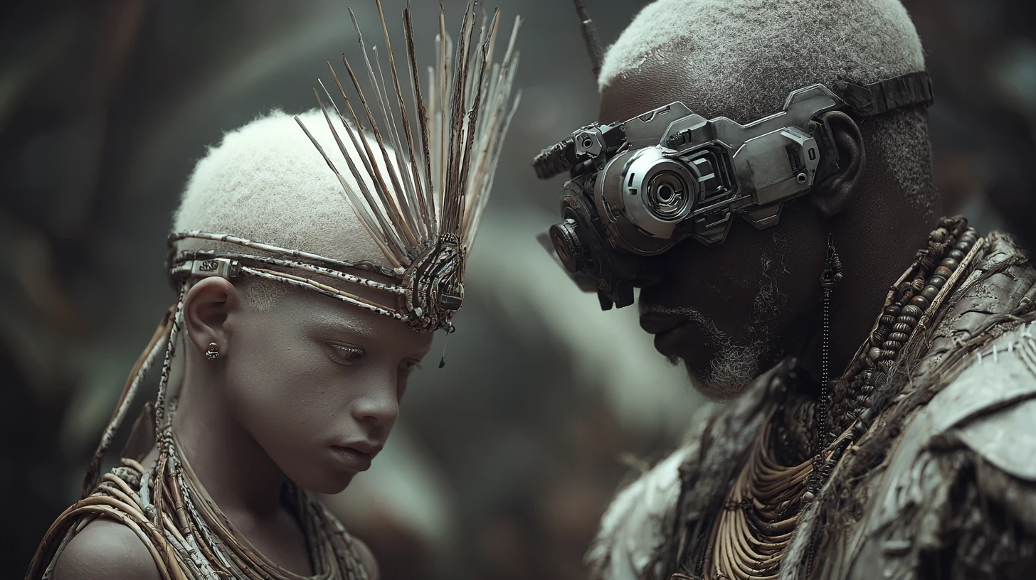 African albino man and boy in futuristic tribal attire