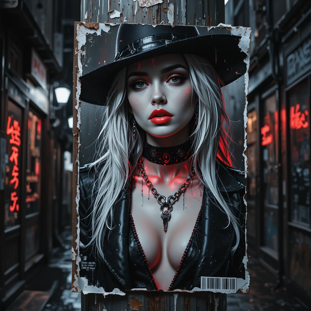 Noir cyberpunk fashion poster on a rain soaked city lamppost