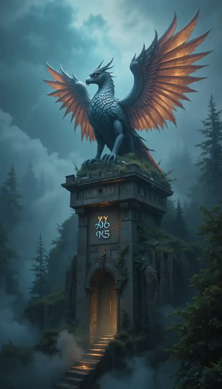 Majestuoso grifo sobre una torre derruida sobre un bosque brumoso