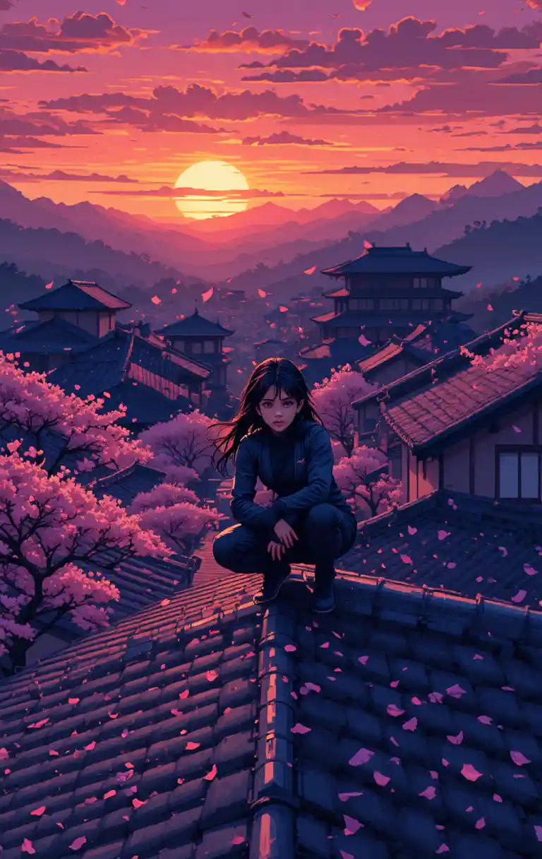 Anime ninja girl on a rooftop at twilight