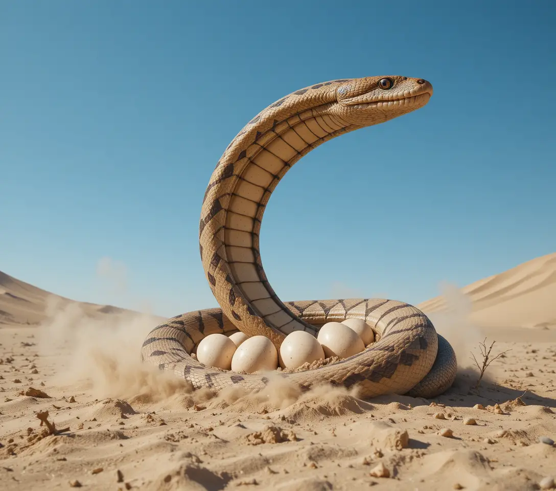 Snake Coiled Around Eggs On Dry Earth In Natural Light