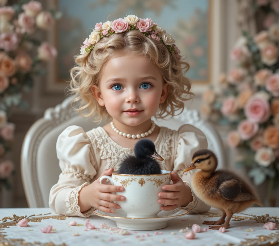 Victorian toddler at tea table with duckling teacup