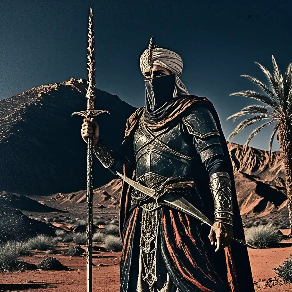 Arab warrior with scimitar in sunlit desert landscape