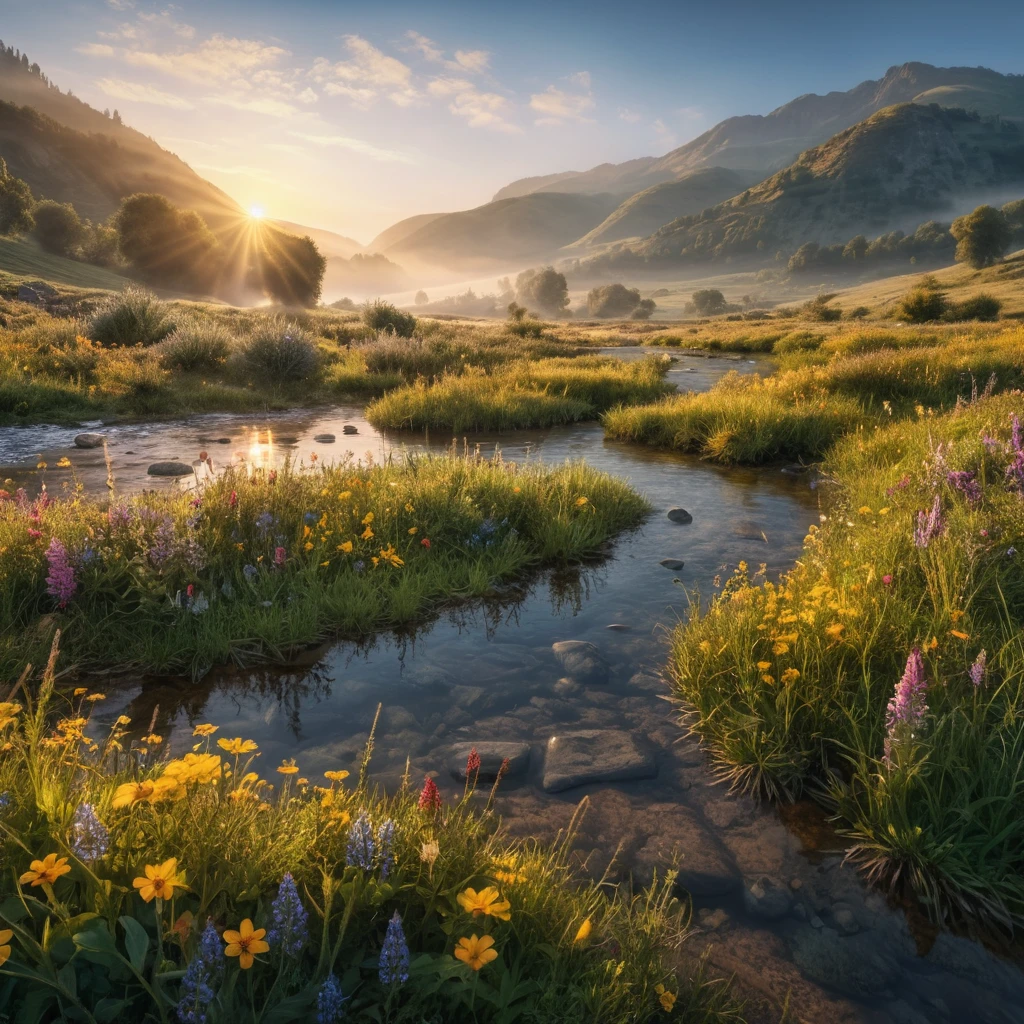 Sunrise Over Misty Mountain Valley With Flowing River