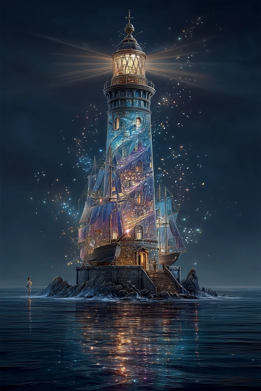 Luminous hourglass lighthouse over a perfectly mirrored dark sea