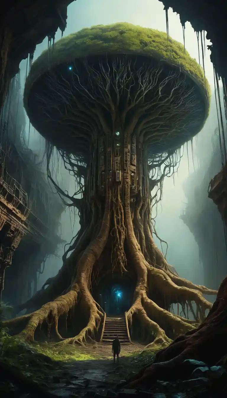 Albero antico fuso con le rovine di un’immensa astronave