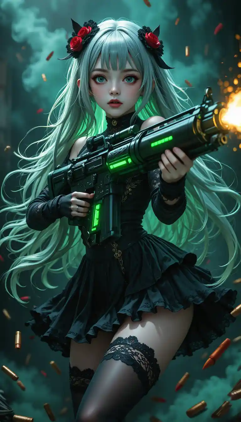 Anime girl firing a massive futuristic machine gun