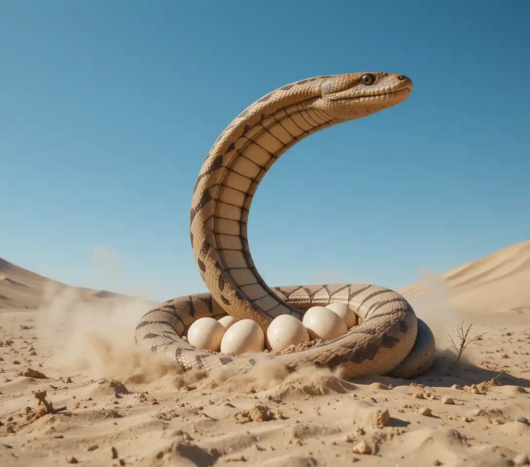 Snake Coiled Around Eggs On Dry Earth In Natural Light