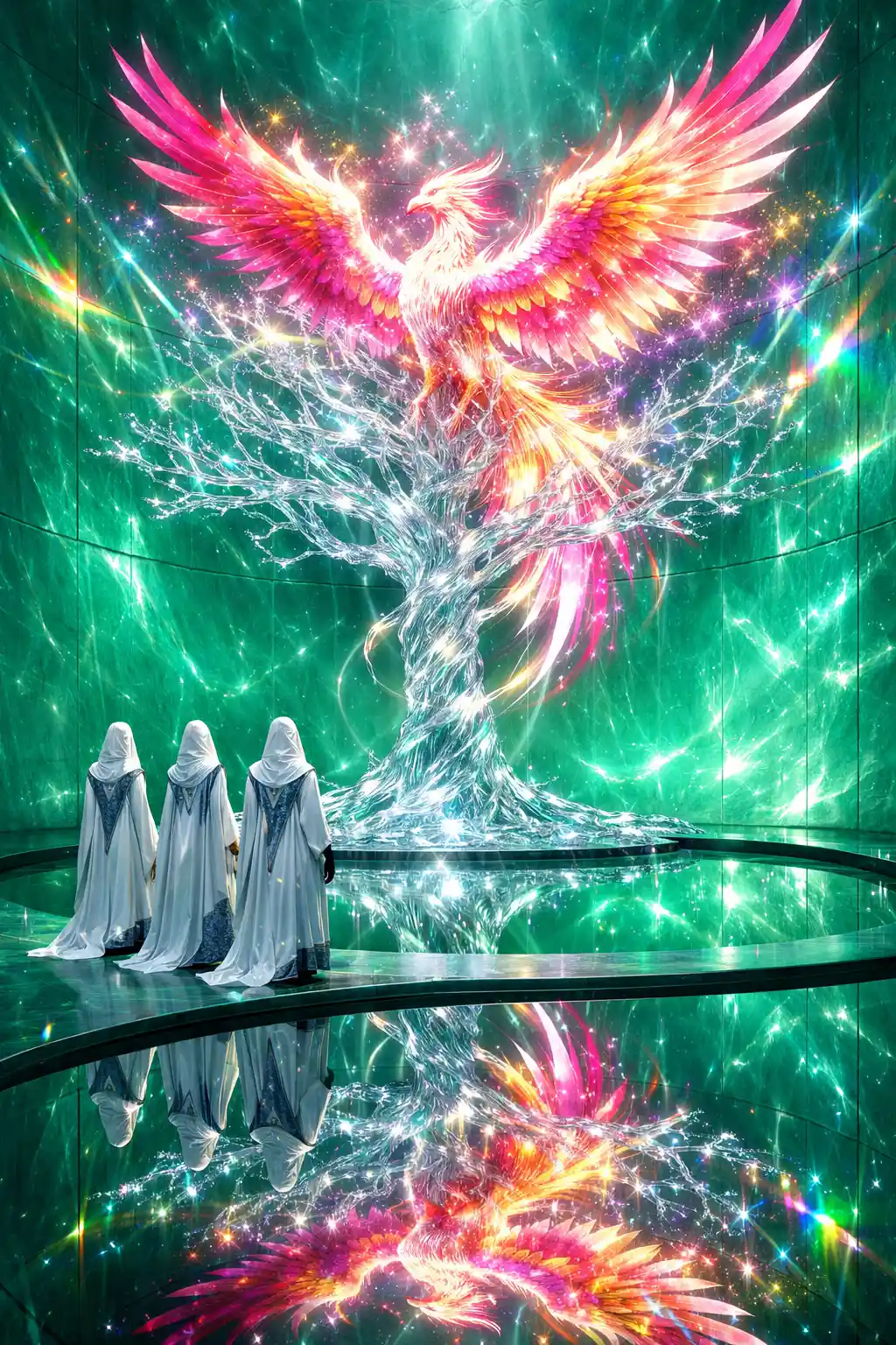 Phoenix of living glass rising in a luminous jade chamber