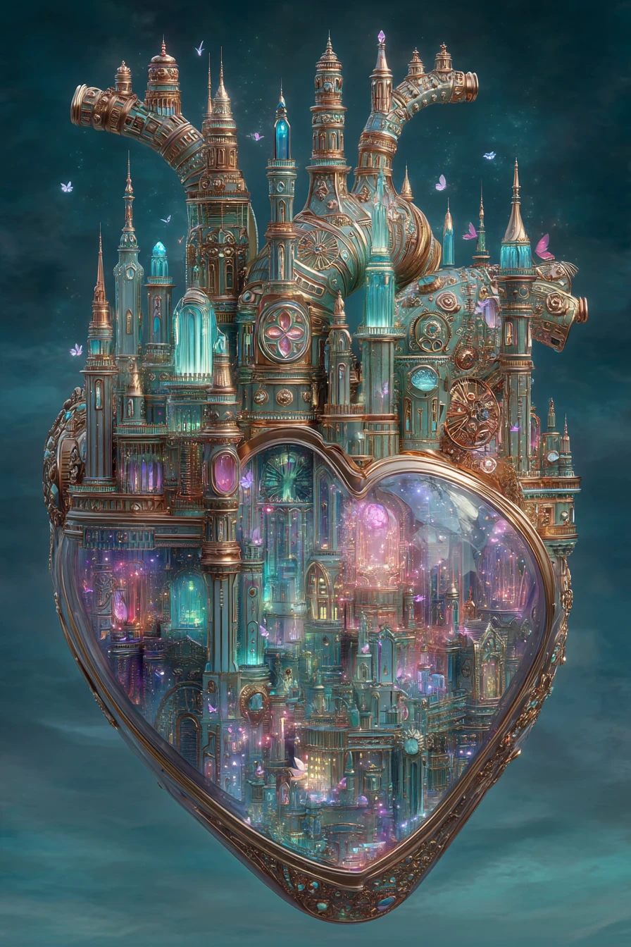 Corazón mecánico ornamentado con ciudad de fantasía luminosa en su interior
