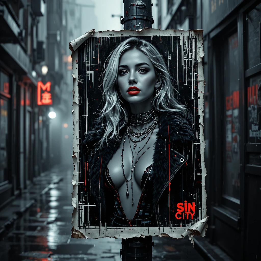 Cyberpunk femme fatale poster peeling in a rainy alley