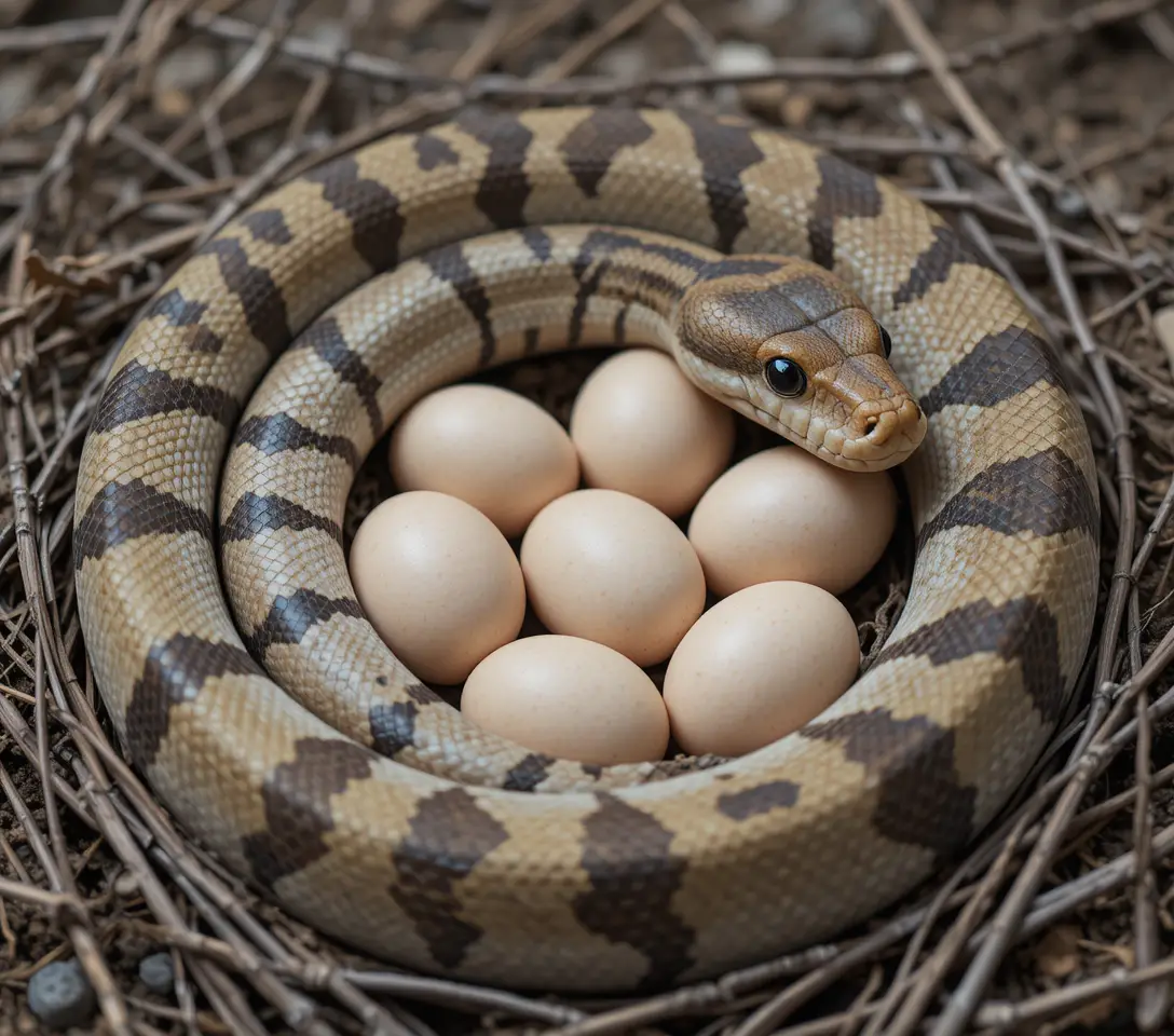 Snake coiled around a clutch of eggs on dry earth