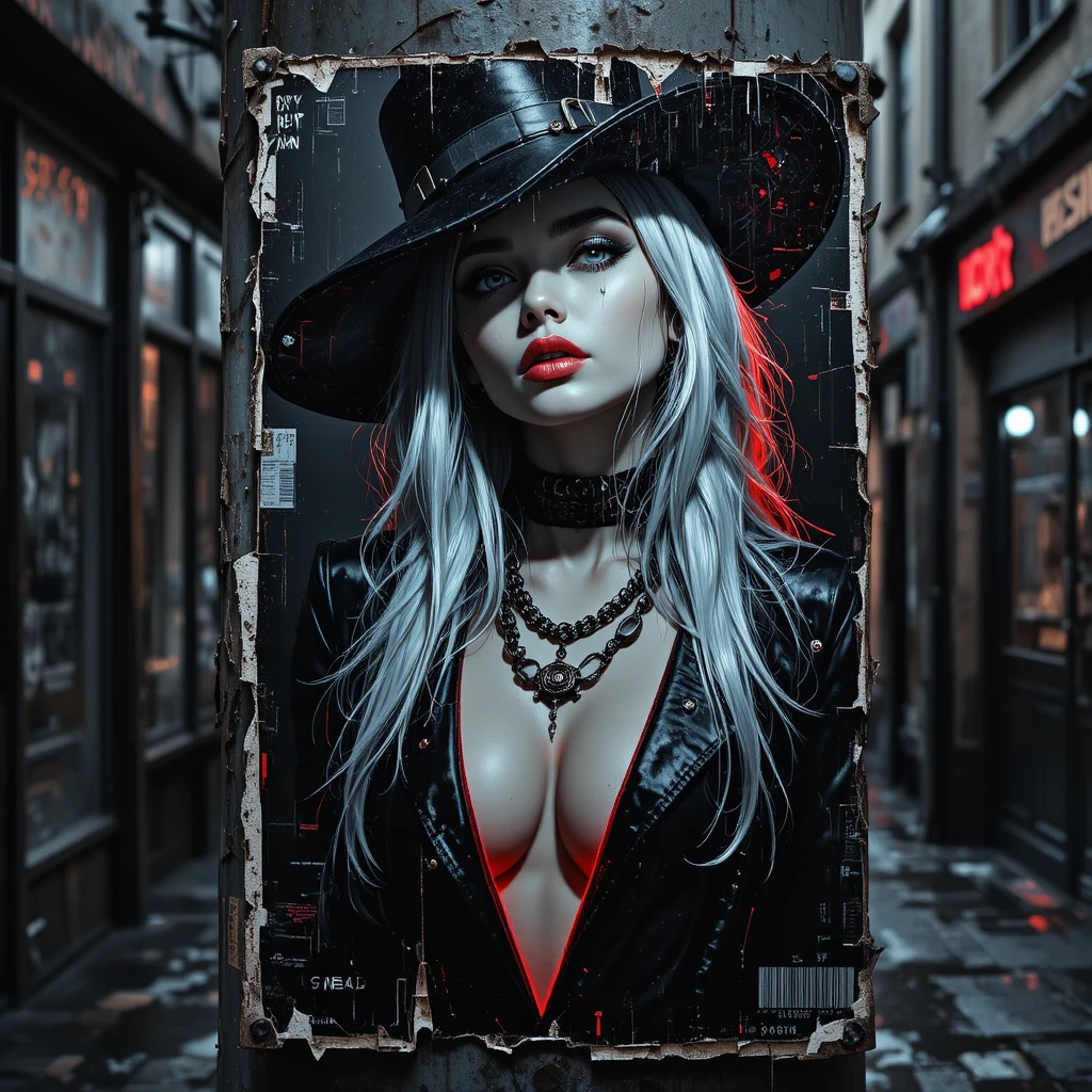 Noir cyberpunk fashion portrait on a torn street poster