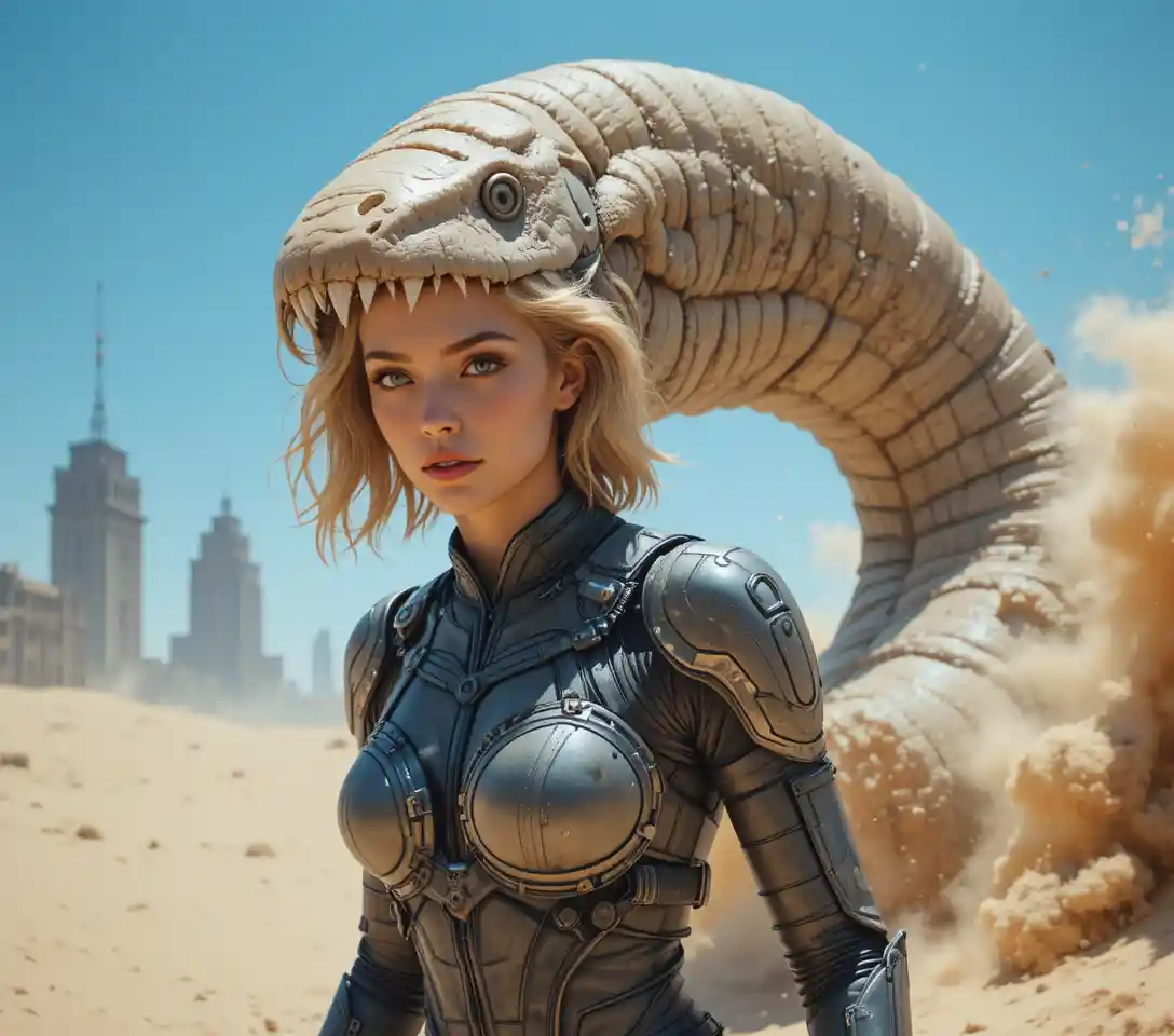 Mulher futurista blindada em uma paisagem urbana distópica