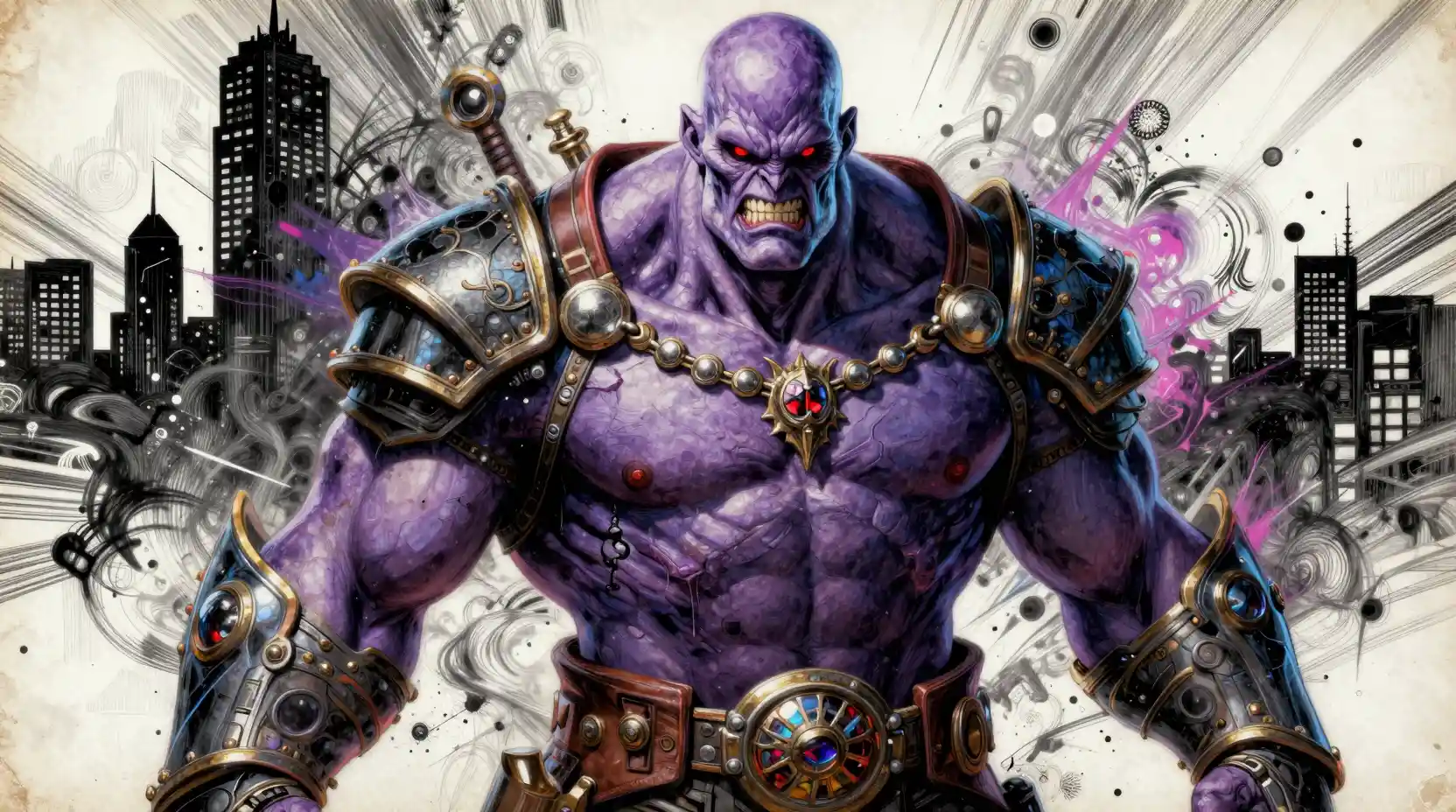 Surreal violet warrior in armored gear with intense gaze