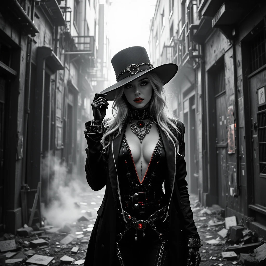 Noir-Cyberpunk-Frau in einem schattigen Industrie-Gassenweg