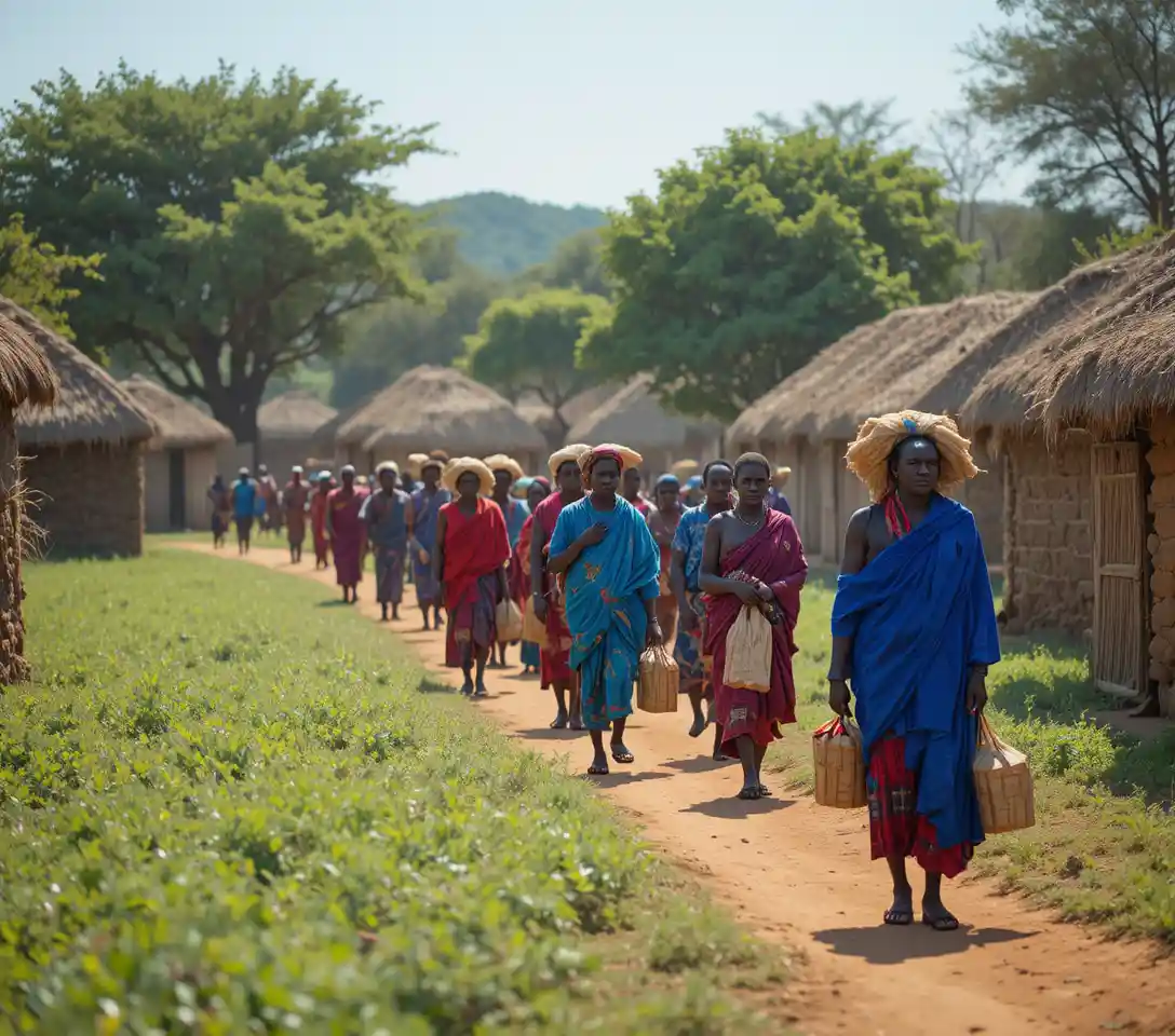 Rural African villagers walking along a dusty path