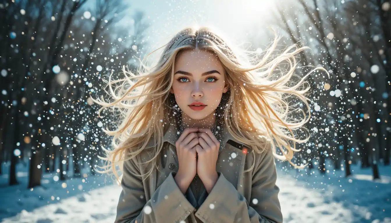 Young woman in trench coat with windblown hair in snow