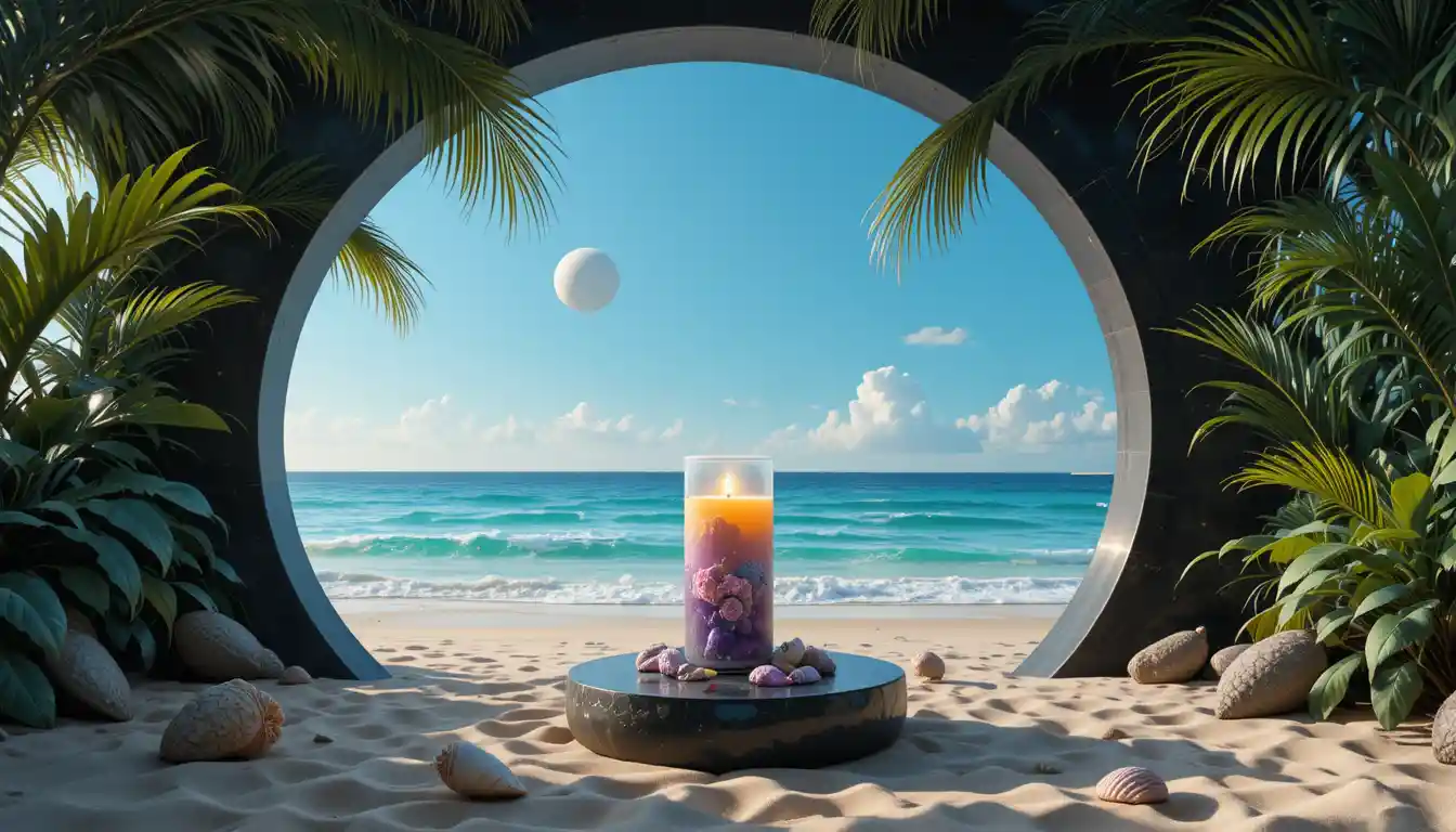 Surreal candle with cosmic landscape glowing in darkness