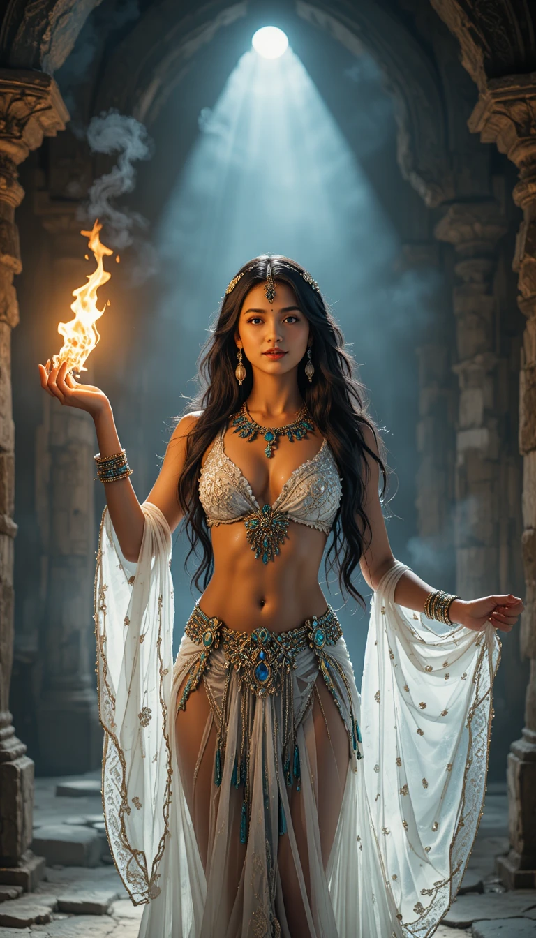 Mystical bellydancer conjuring flame in ancient stone temple