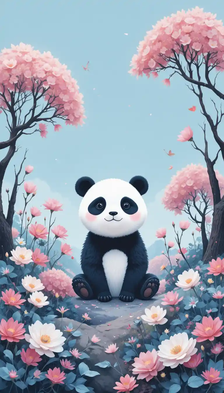 Dreamy panda among blossoms in a soft blue garden