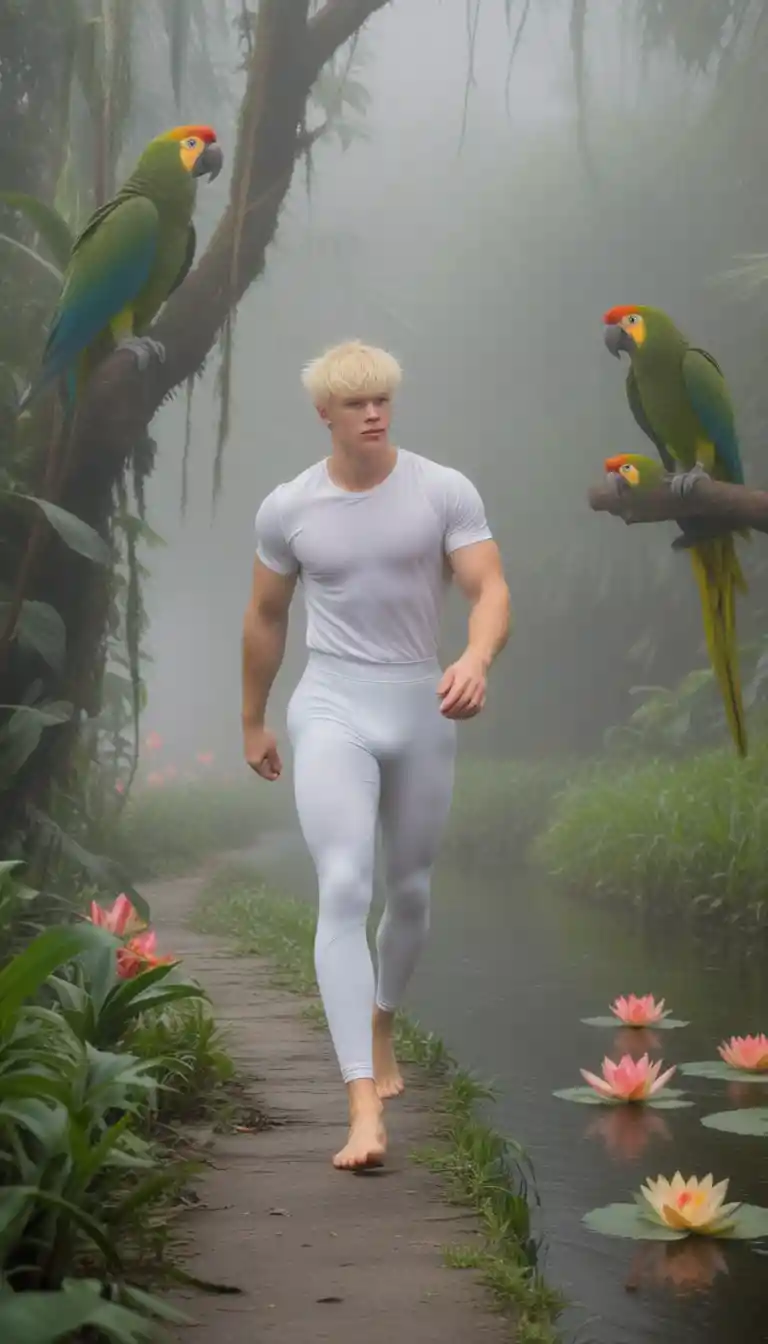 Young blond man walking barefoot on a misty river path