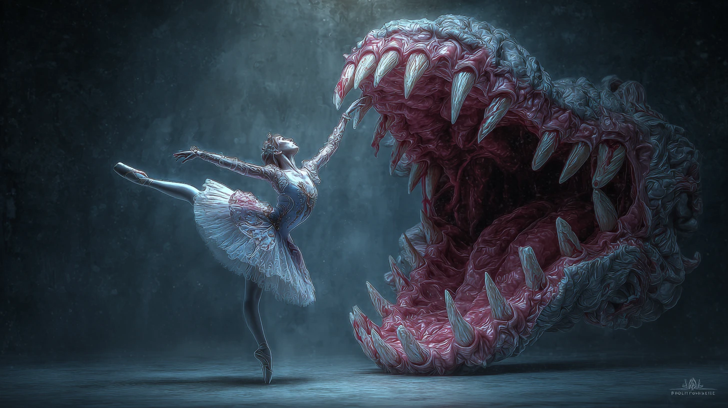 Fae ballerina with monstrous torso mouth in dark fantasy